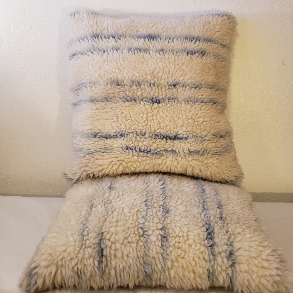 Pottery Barn Ivory and Blue Striped Shag Wool Pillow Covers